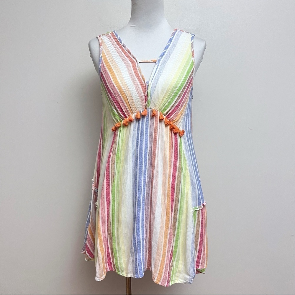 THML Striped Multicolor Pom Pom Fringe Strapless A Line Mini Dress Small
